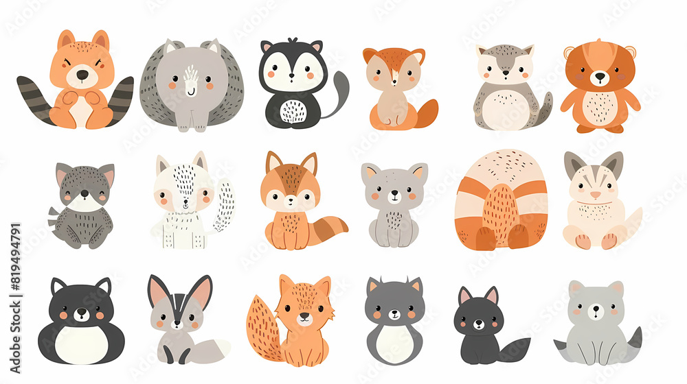 A set of cute cartoon animals. Vector flat images of animals for postcards, invitations, textiles, thermal printing