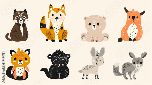 A set of cute cartoon animals. Vector flat images of animals for postcards, invitations, textiles, thermal printing