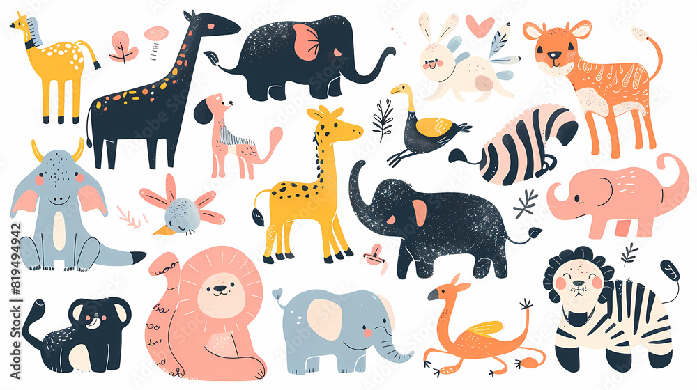 A set of cute cartoon animals. Vector flat images of animals for postcards, invitations, textiles, thermal printing A set of cute cartoon animals. Vector flat images of animals for postcards, invitations, textiles, thermal printing
