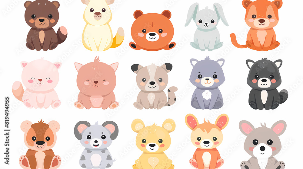 A set of cute cartoon animals. Vector flat images of animals for postcards, invitations, textiles, thermal printing