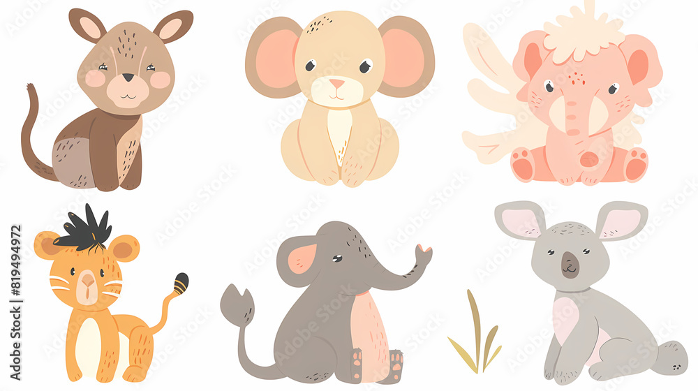 A set of cute cartoon animals. Vector flat images of animals for postcards, invitations, textiles, thermal printing A set of cute cartoon animals. Vector flat images of animals for postcards, invitations, textiles, thermal printing