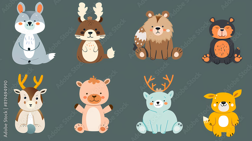 A set of cute cartoon animals. Vector flat images of animals for postcards, invitations, textiles, thermal printing A set of cute cartoon animals. Vector flat images of animals for postcards, invitations, textiles, thermal printing