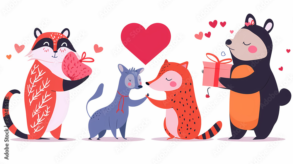Obraz premium Funny Animal in Love Feel Passion at Valentine Day ,A set of cute cartoon animals. Vector flat images of animals for postcards, invitations, textiles, thermal printing