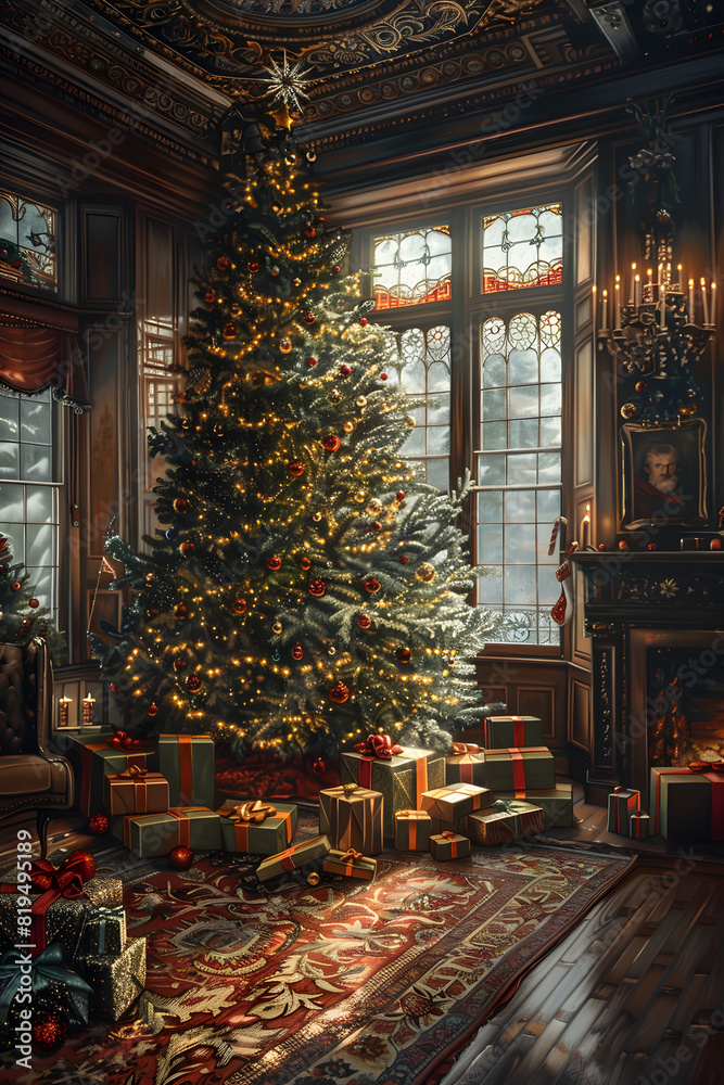 a living room decorated for christmas with a christmas tree and presents