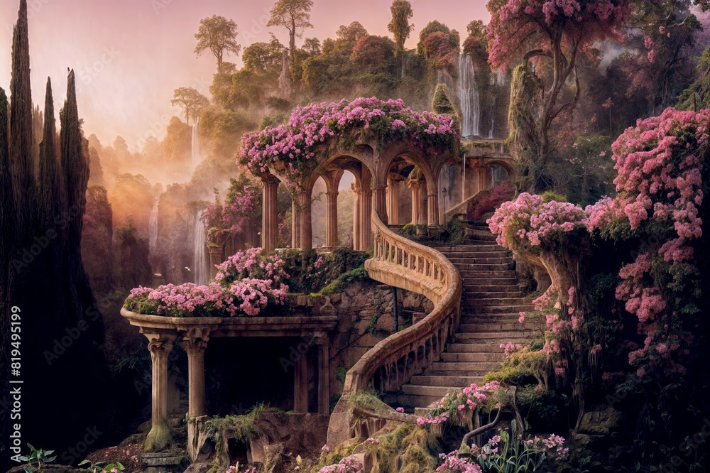Obraz premium Abandoned flowering gardens of Babylon early in the morning