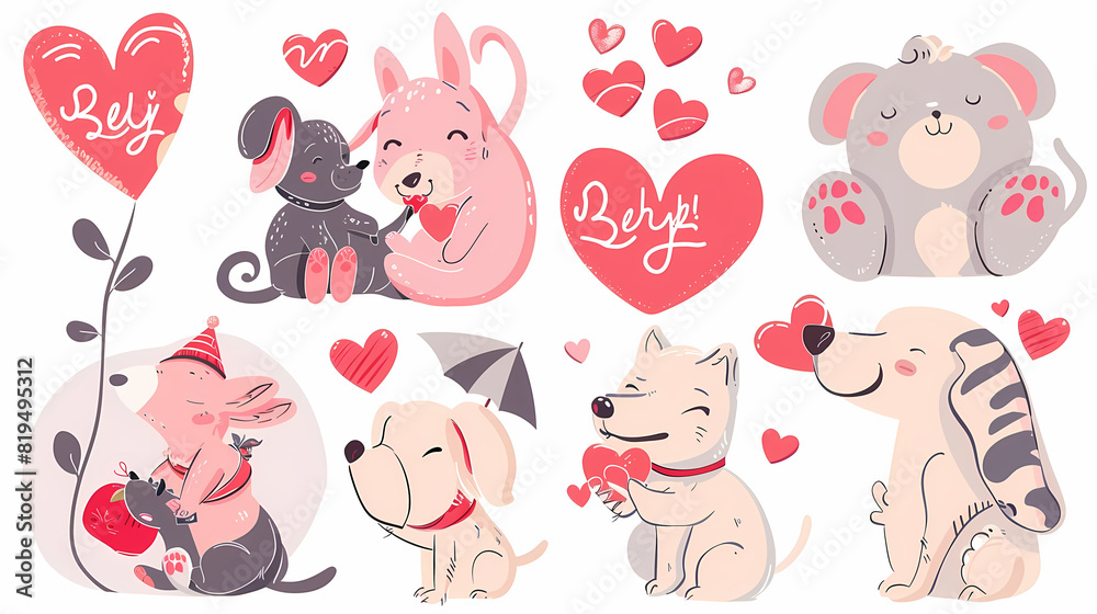 Funny Animal in Love Feel Passion at Valentine Day ,A set of cute cartoon animals. Vector flat images of animals for postcards, invitations, textiles, thermal printing Funny Animal in Love Feel Passion at Valentine Day ,A set of cute cartoon animals. Vector flat images of animals for postcards, invitations, textiles, thermal printing