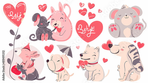 Funny Animal in Love Feel Passion at Valentine Day  A set of cute cartoon animals. Vector flat images of animals for postcards  invitations  textiles  thermal printing