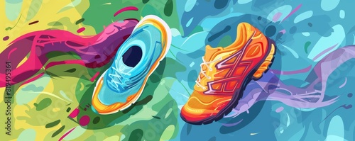 Advanced running shoes flat design top view innovation theme cartoon drawing Splitcomplementary color scheme