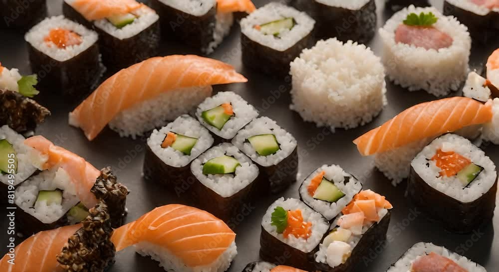 A close-up shot of sushi rolls with glistening fish, highlighting the freshness and quality of the ingredients A close-up shot of sushi rolls with glistening fish, highlighting the freshness and quality of the ingredients