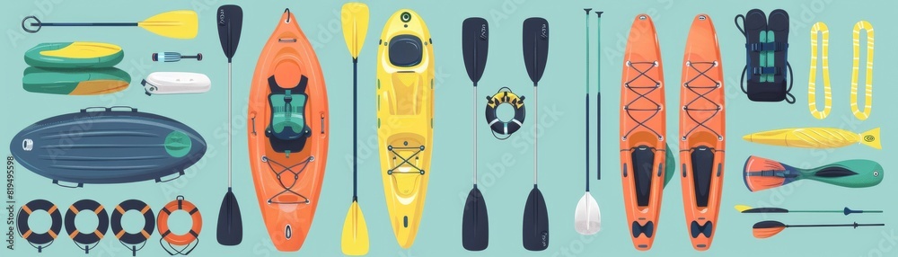 Multiuse water sports gear flat design top view versatility theme cartoon drawing colored pastel Multiuse water sports gear flat design top view versatility theme cartoon drawing colored pastel