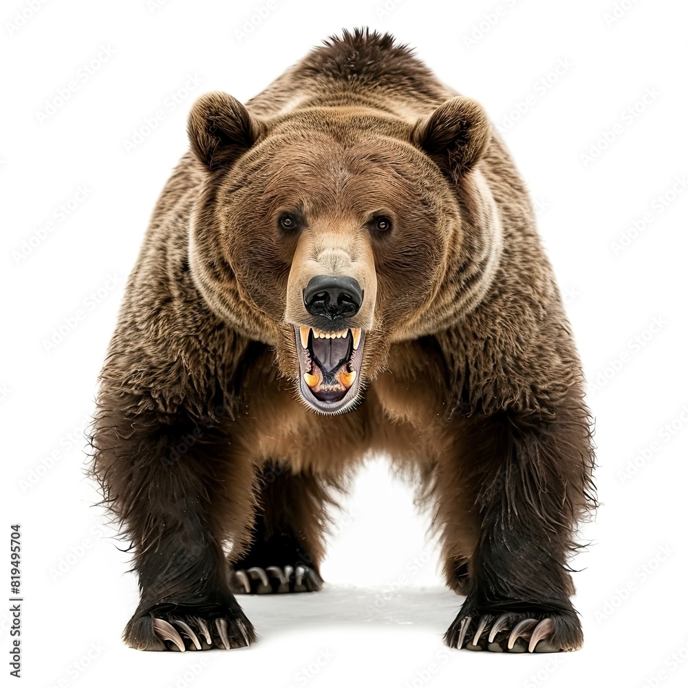 realistic an angry big brown bear white background
