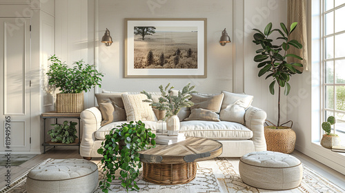Modern farmhouse living room with a weathered wood sofa and rustic woven throw pillows. © ZahidaQamar