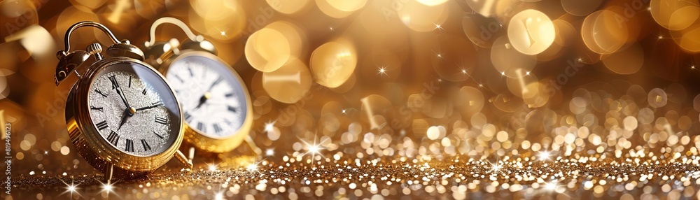 Elegant gold and silver glitter border with clocks striking midnight for classy New Year s invitations Elegant gold and silver glitter border with clocks striking midnight for classy New Year s invitations