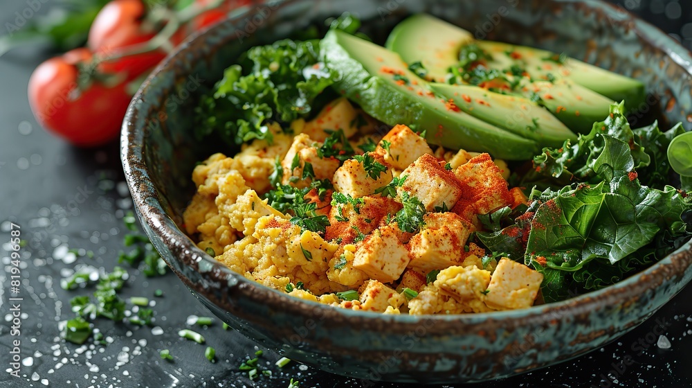 A breakfast bowl with scrambled tofu, vegetables, and avocado..illustration graphic A breakfast bowl with scrambled tofu, vegetables, and avocado..illustration graphic