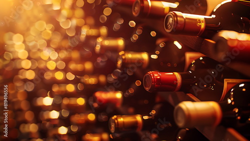close up red wine in rack wine cellar.