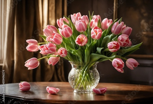 a large bouquet of lovely pink tulips in a glass vase on the table in the morning, good lighting