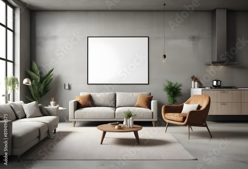 A stylish living room with modern furniture, a kitchen in the background, and a blank poster on a concrete wall. 3D Rendering