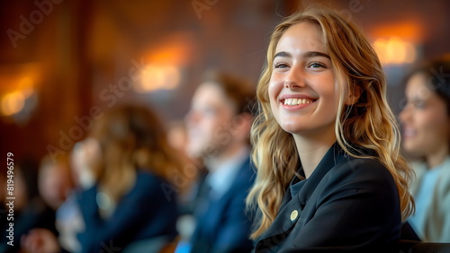 business woman wearing black suit smiling happily at business seminar