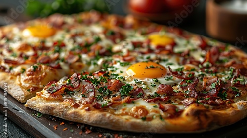 A plate of bacon and egg breakfast pizza..illustration