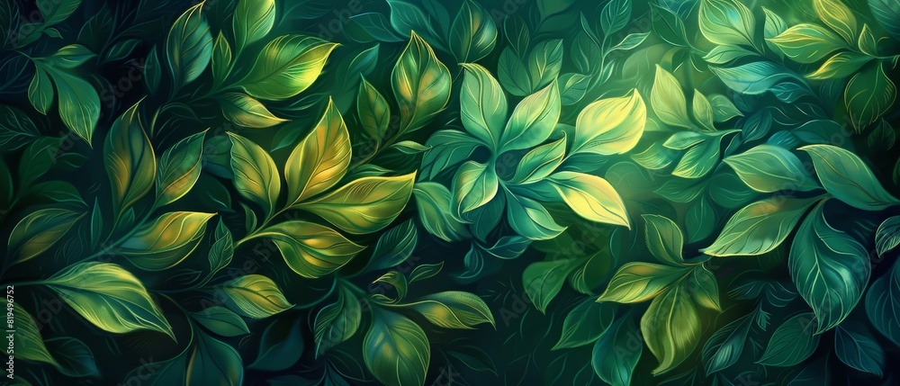 Abstract green foliage with swirling leaves in a dark, moody atmosphere. Beautiful nature-themed illustration perfect for backgrounds.