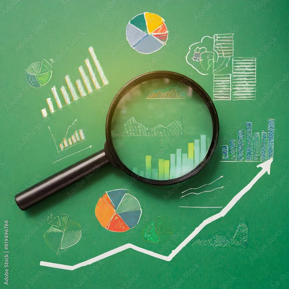 custom made wallpaper toronto digitalmagnifying glass on paper.business-themed graphic featuring a magnifying glass and diagrams on a green background, highlighting detailed financial analysis.