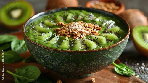 A smoothie bowl with blended spinach and kiwi, topped with granola and coconut flakes..illustration