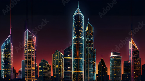 Glossy and artistic neon light effect urban landscapes of modern towering cities and Skyscrapers or Artistic textures and futuristic townscapes ai generative #819497164
