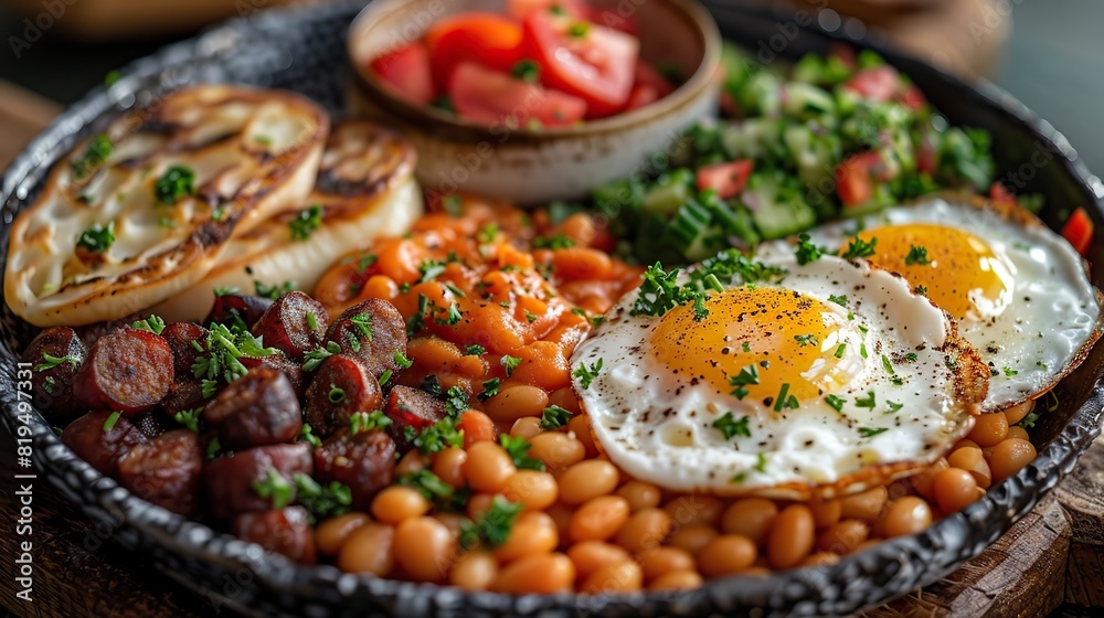 A traditional Irish breakfast with black pudding, eggs, sausages, and baked beans..illustration A traditional Irish breakfast with black pudding, eggs, sausages, and baked beans..illustration
