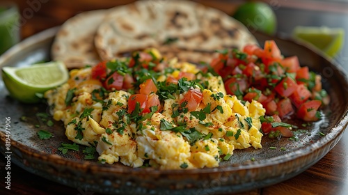 A plate of migas with scrambled eggs, tortillas, cheese, and salsa..stock image photo