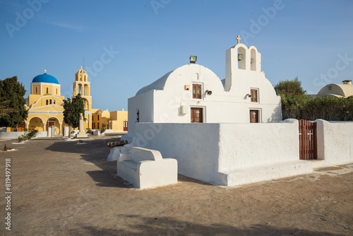 Beautiful sea view, white house, blue and white architecture, greek orthodox churche, Travel and summer vacacion, Architecture details in Santorini Greece, romantic seascape to the blue Aegean sea. 