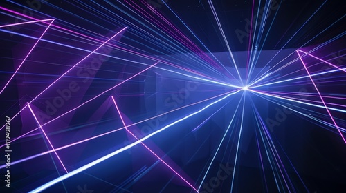 Against a pitch-black backdrop, blue and violet laser beams shine brilliantly, intersecting and creating a mesmerizing pattern. The intense colors and sharp lines bring a sense of energy 