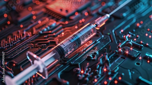 Syringe with a chip. The concept of the theory of conspiracy and implantation of vaccinated chips.
