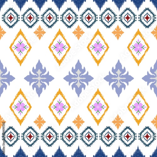  Embroidered ikat flower pattern on white background, Thai Asian pattern pattern. traditional ikat Abstract vector illustration, Aztec style design for textures, clothes, wraps, dec