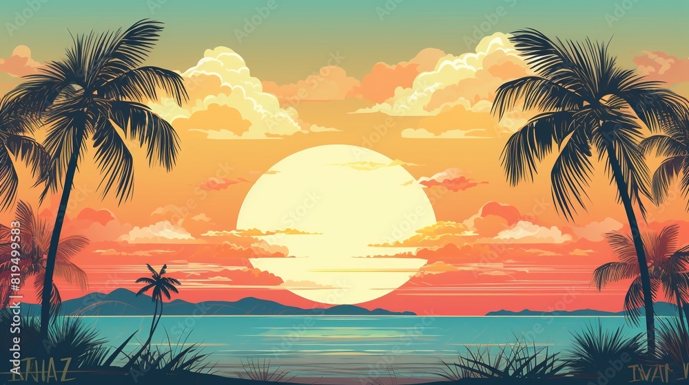 Scenic view of a tropical sunset with palm trees and the sun dipping below the horizon.