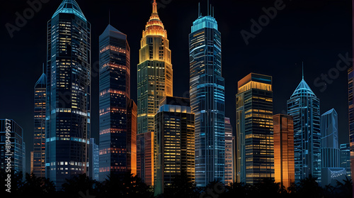 Glossy and artistic neon light effect urban landscapes of modern towering cities and Skyscrapers or Artistic textures and futuristic townscapes ai generative #819499577