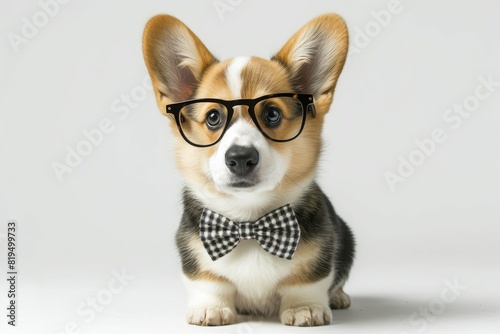 Corgi Pup with a Bow Tie and Glasses  A tiny Corgi puppy sporting a miniature bow tie and glasses  looking studious and utterly adorable. photo on white isolated background