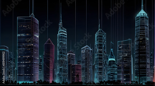 Glossy and artistic neon light effect urban landscapes of modern towering cities and Skyscrapers or Artistic textures and futuristic townscapes ai generative #819499902