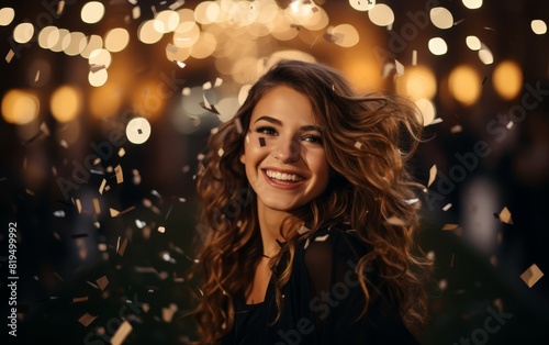 A joyful woman with curly hair smiling amid shimmering lights and confetti at a festive celebration, highlighting the essence of happiness and fun.