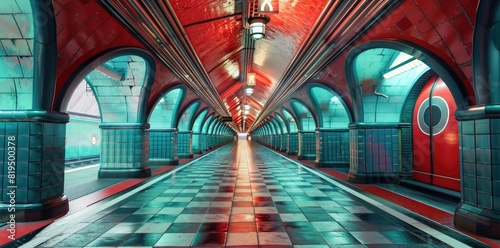 A wide shot of the interior of an old London tube station, retro red and blue color scheme, art style 3d render photo
