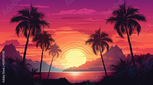 Beautiful sunset over a tropical landscape with palm trees, Scenic tropical sunset with palm trees