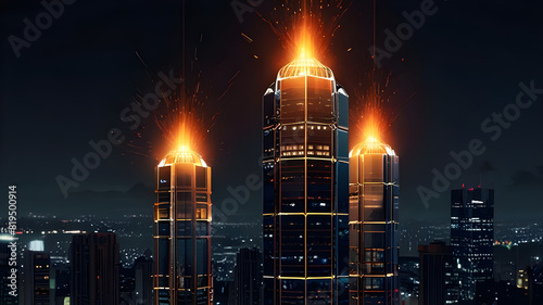 Glossy and artistic neon light effect urban landscapes of modern towering cities and Skyscrapers or Artistic textures and futuristic townscapes ai generative #819500914