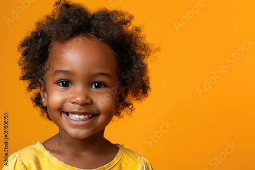 A young girl with curly hair is smiling and wearing a yellow shirt