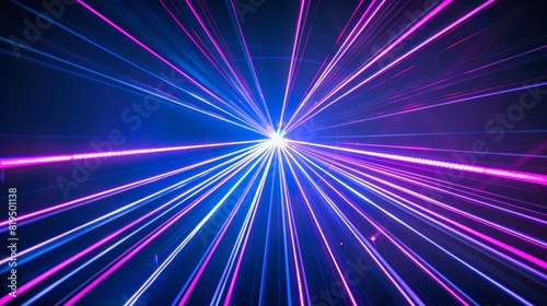 Bright beams of blue and violet laser light pierce the black background  creating a mesmerizing display of color and light. The sharp contrast between the lasers and the dark backdrop enhances 