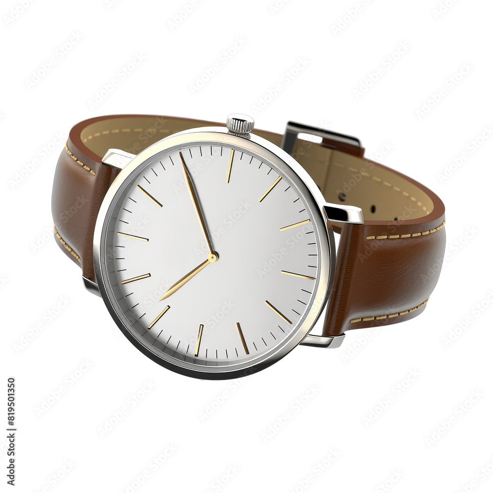 The image shows a wristwatch with a brown leather strap and a white dial with golden hands. The image shows a wristwatch with a brown leather strap and a white dial with golden hands.