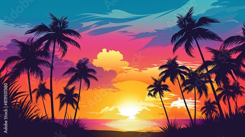 Beautiful sunset over a tropical landscape with palm trees, Scenic tropical sunset with palm trees