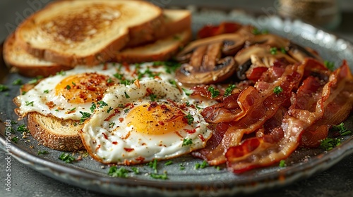 A breakfast platter with fried eggs, toast, bacon, and saut�ed mushrooms..stock photo
