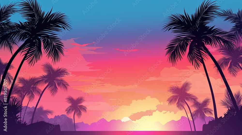 Beautiful sunset over a tropical landscape with palm trees, Scenic tropical sunset with palm trees