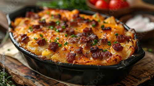 A hearty breakfast casserole with eggs, sausage, cheese, and hash browns..illustration photo