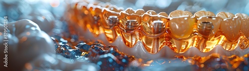 Close-up of sparkling amber-colored beads on a textured blue surface. Captivating macro photography with intricate details and beautiful colors.