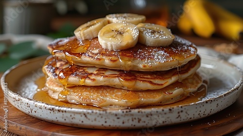 A stack of banana pancakes drizzled with maple syrup..stock image